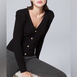 WHBM White House Black Market Black Ribbed Ruched Puff Sleeve Cardigan Sweater
